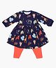 A Toddler Thing 100% Cotton Full Sleeves Animals Printed Quilted Dress & Leggings Set - Navy Blue