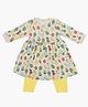 A Toddler Thing 100% Cotton Full Sleeves Floral & Birds Printed Dress & Pant Set - Cream