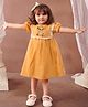 Tiny Twills LinenHalf Puffed Sleeves Cub Embroidered & Lace Embellished Dress - Yellow