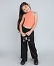 Taffykids Halter Neck Solid Crop Top With Glittered Fold Over Waist Pant Set - Orange & Black