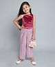 Taffykids Velvet One Shoulder Party Crop Top & Foil Printed Pleated Pant - Wine & Purple