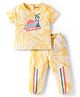 Babyoye Cotton Knit Terry Half Sleeves T-Shirt & Joggers with Puff & Summer Paradise Text Print - White & Yellow