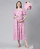 Swishchick Cotton Half Puffed Sleeves Floral Printed Maternity Dress With Nursing Access - Pink