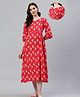 Swishchick Cotton Three Fourth Sleeves Floral Printed Maternity Dress With Nursing Access - Red