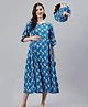 Swishchick Cotton Three Fourth Sleeves Floral Printed Maternity Dress With Nursing Access - Blue