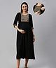 Swishchick Viscose Rayon Three Fourth Sleeves Mirror Work Detailed Maternity Dress With Concealed Zipper Nursing Access - Black