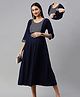 Swishchick Viscose Rayon Three Fourth Sleeves Scallop Designed Maternity Dress With Concealed Zipper Nursing Access - Blue