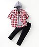 Rikidoos Cotton Full Sleeves Checked Hooded Shirt With Attached Tee & Pant Set - Maroon & Black