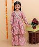 Vastrarth Cotton Three Fourth Sleeves Floral Printed & Lace Embellished Kurta Sharara Set - Pink