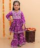Vastrarth Cotton Three Fourth Sleeves Floral Bandhani Printed & Embroidered Kurta Sharara Set - Purple