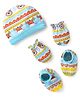 Babyhug 100% Cotton Knit Cap Mittens & Booties With Animal Print Multicolor - Diameter 10 cm