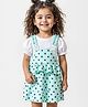 Babyoye Cotton Lycra Knit Frock & Half Sleeves Inner Tee With Polka Dot Print & 3D Flower Applique - White & Sea Green