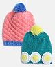 MayRa Knits Pack Of 2 Hand Knitted Floral Crochet Designed & Pom Pom Embellished Caps - Pink & Green