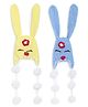 MayRa Knits Pack Of 2 Hand Knitted Bunnies & Floral Crochet Designed Caps - Blue & Yellow