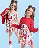 Ollington St. 100% Cotton Knit Full Sleeves Solid Collared Jacket with Floral Printed Frock - Red