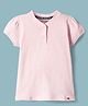 KOOKIE KIDS GIRLS HALF SLEEVE HENLEY T-SHIRT SOLID WITH FRONT OPEN BUTTON AND LOGO  Light Pink