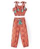 Lil' Drama Viscose Sleeveless Floral Printed Top With Pant Coordinating Set - Orange