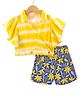 Lil' Drama Viscose Half Frill Sleeves Striped Top With Floral Printed Shorts Set - Yellow