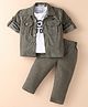 JASH KIDS Cotton Knit Full Sleeves Textured Shirt & Trouser Set with Text Printed T-Shirt - Olive Green