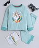 BABY NATION Cotton Knit Full Sleeves Unicorn Printed Striped Coordinating Night Suit Set - Cyan