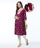 Bella Mama Viscose Woven Three Fourth Sleeves Floral Printed Maternity Kurta With Embroidery & Pocket - Wine