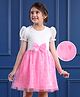 Mark & Mia Net Woven Half Puffed Sleeves Party Frock with Glitter Printed Heart & Bow Detailing - Pink