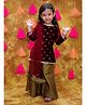 KID1 Velvet Three Fourth Sleeves Sequins & Placket Lace Embellished Kurta Palazzo With Dupatta Set - Wine