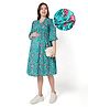 Bella Mama Woven Three Fourth Sleeves Pleated Front Floral Printed Maternity Dress - Teal Blue