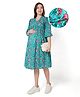 Bella Mama Woven Three Fourth Sleeves Pleated Front Floral Printed Maternity Dress - Teal Blue