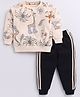 CUTOPIES Cotton Full Sleeves Animals & Birds Printed Sweatshirt & Joggers Set - Cream