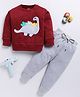TOONYPORT Cotton Full Sleeves Dinosaur Embroidered Sweatshirt With Solid Joggers Set - Maroon