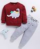 TOONYPORT Cotton Full Sleeves Dinosaur Embroidered Sweatshirt With Solid Joggers Set - Maroon