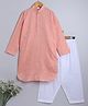 Little Clothing Cotton Linen Woven Full Sleeves Solid Kurta With Pathani Set - Peach