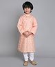 Little Clothing Full Sleeves Ethnic Embroidered & Mirror Work Detailed Kurta With Churidar Set - Peach