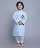 Little Clothing Cotton Linen Full Sleeves Peacock Embroidered Kurta Churidar Set - Blue