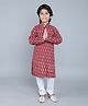 Little Clothing Cotton Linen Full Sleeves Leaves Printed Kurta Churidar Set - Red
