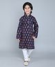 Little Clothing Cotton Linen Full Sleeves Floral Printed Kurta Churidar Set - Navy Blue