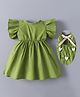 Mark & Mia Half Flutter Sleeves Solid Cotton Dress With Bow Applique - Green