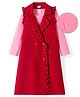 Hola Bonita Knit Frill Sleeves Collared Front Open Knee Length Dress with Full Sleeves T-Shirt - Red & Pink