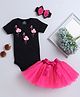 TINY MINY MEE Half Sleeves Flamingo & Pom Pom Designed Onesie With Net Tutu Skirt & Bow Detailed Headband Set - Magenta & Black