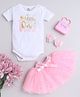 TINY MINY MEE Half Sleeves Text Printed Onesie With Net Tutu Skirt & Bow Detailed Headband Set - White & Pink