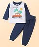 Doodle Poodle Single Jersey Knit Full Sleeves T-Shirt & Lounge Pants Set with Beach Theme Print - Navy Blue & White
