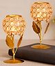 eCraftIndia Set of 2 Golden, White Crystal And Brass Rose With Leaf Shaped Flower Tea Light Candle Holders