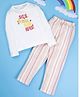 RAINE AND JAINE Cotton Knit Full Sleeves Striped & Text Printed  Night Suit Set - White & Pink
