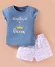 Ollypop Interlock Knit Half Sleeves T-Shirt & Shorts Set with Crown Print - Light Blue & White