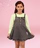 Cutecumber Full Sleeves Ice Cream Path Detailed Pinafore Denim Dress With Full Sleeves Solid Tee - Grey
