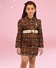 Cutecumber Full Sleeves Checked Circle Patch Embroidered Blazer Style Dress With Belt - Brown