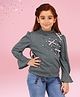 Cutecumber Full Bell Sleeves Beads Embellished Bow Applique Detailed Ribbed Top - Grey