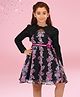 Cutecumber Full Sleeves Floral Printed Bolero Style Dress With Belt - Black & Pink
