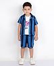 MASHUP Cotton Half Sleeves Striped Shirt With Typography Printed Tee & Coordinating Shorts Set - Blue